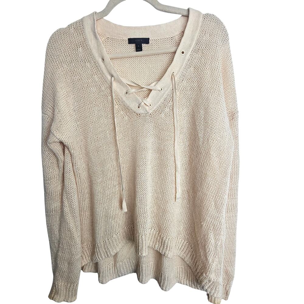 J. Crew Womens 100% Linen Lace Up Sweater Sz S Coastal Grandma Open Knit Boho